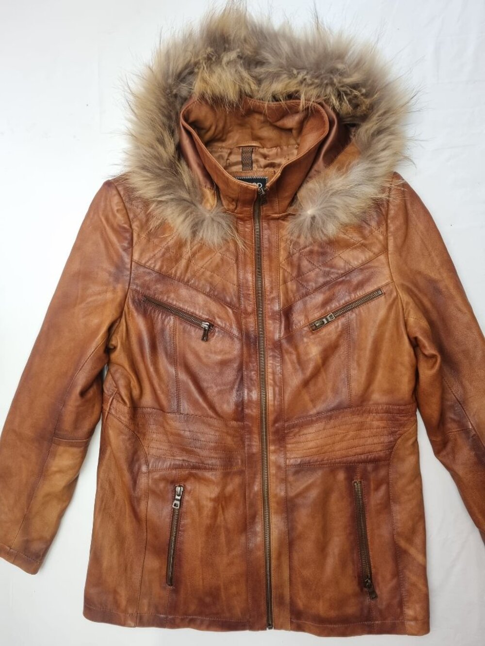 Derimod Leather Jacket with Fur Hood – Camel – Size XXL